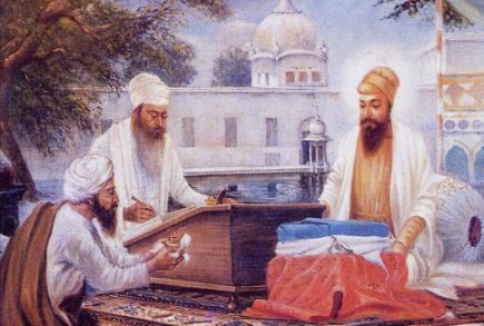 Bhai Gurdas scribes Gurbani as Guru Arjan narrates it